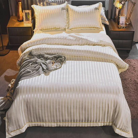 Satin Stripe Double Bed Sheet-Cream